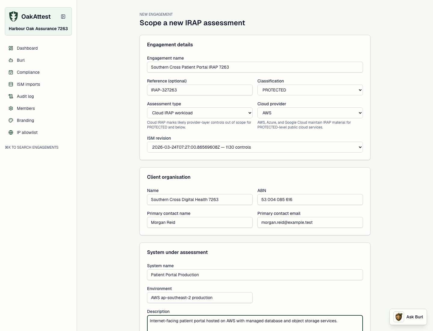 Creating a new engagement and selecting a compliance framework